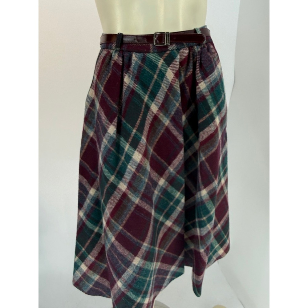 Vintage Plaid Midi Skirt Burgundy Green High Waist‎ Belted A-Line with Pockets